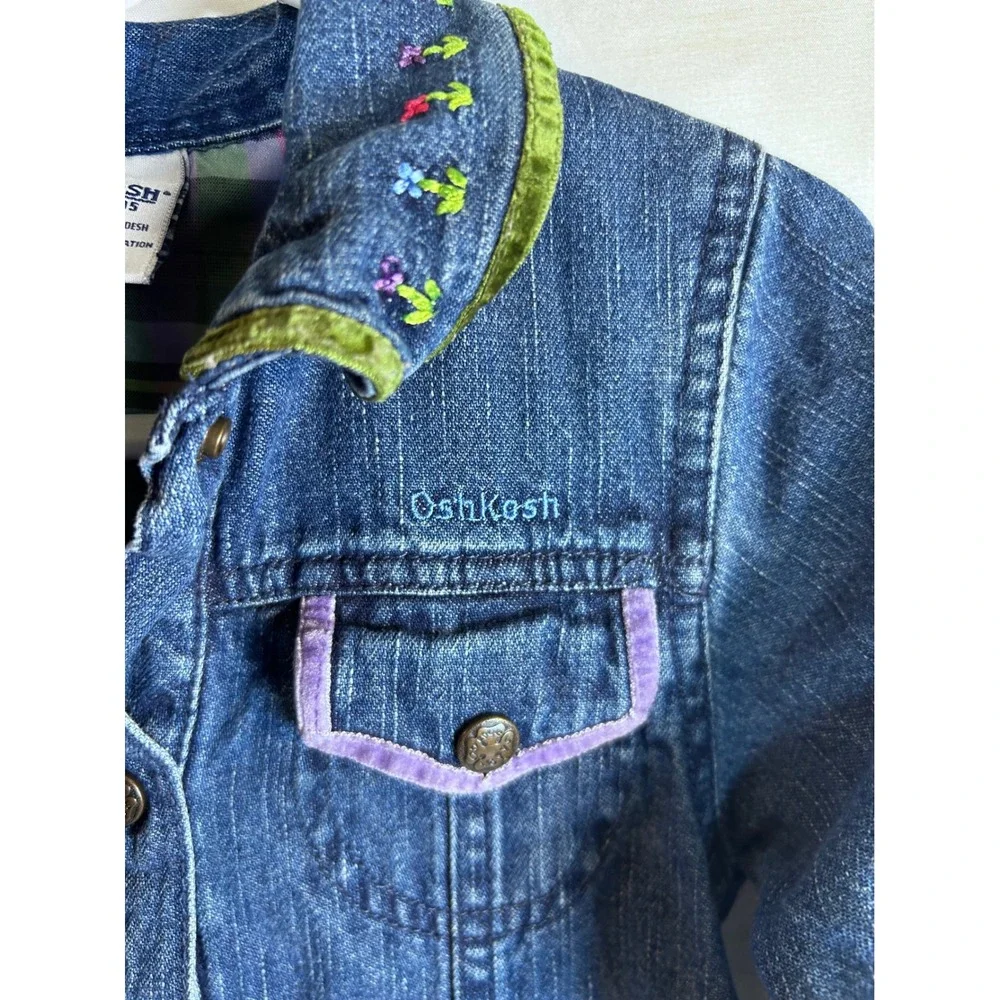 OshKosh Denim Dress 4 Blue Floral Embroidered Velvet Trim Ruffle Kids